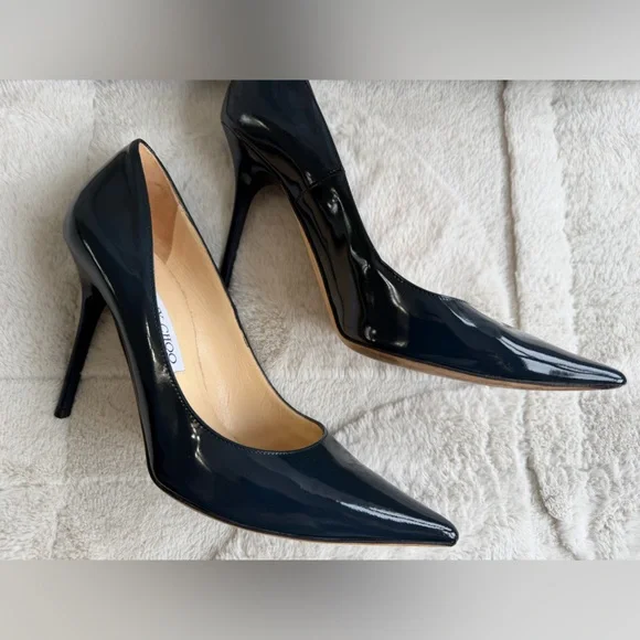 $779 Jimmy Choo Navy Patent Leather 100mm 4” Pumps High Heels 38.5 8.5 - Picture 3 of 9